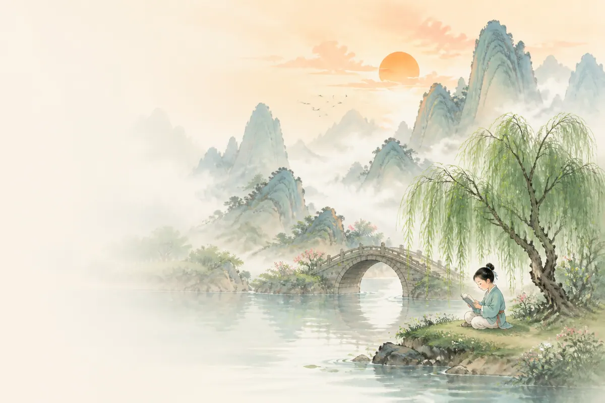 晨光里的石桥与远山